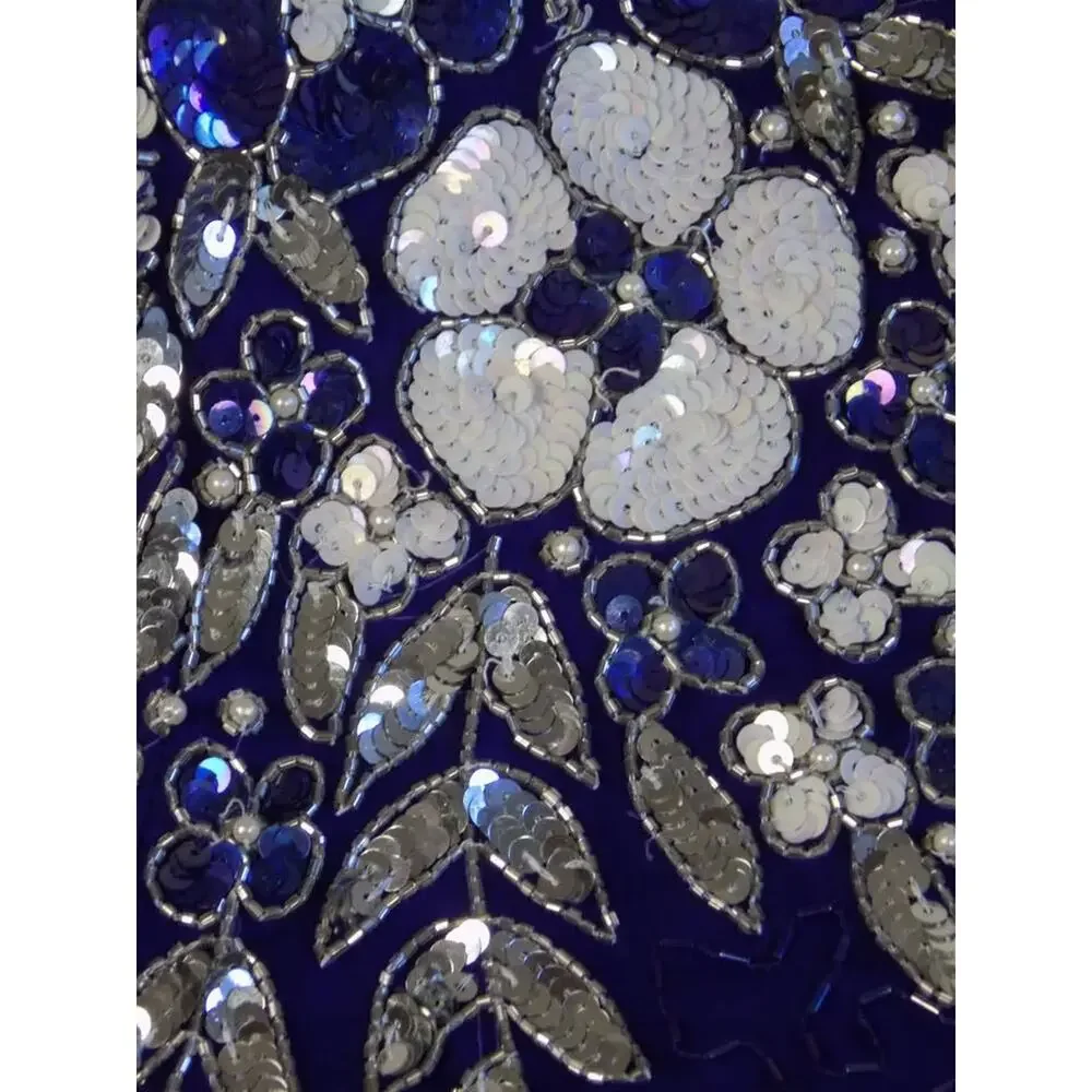 VTG D'Albert Sequin Beaded Blouse Eveningwear Blue Flower 80s 100% Silk - Picture 7 of 9